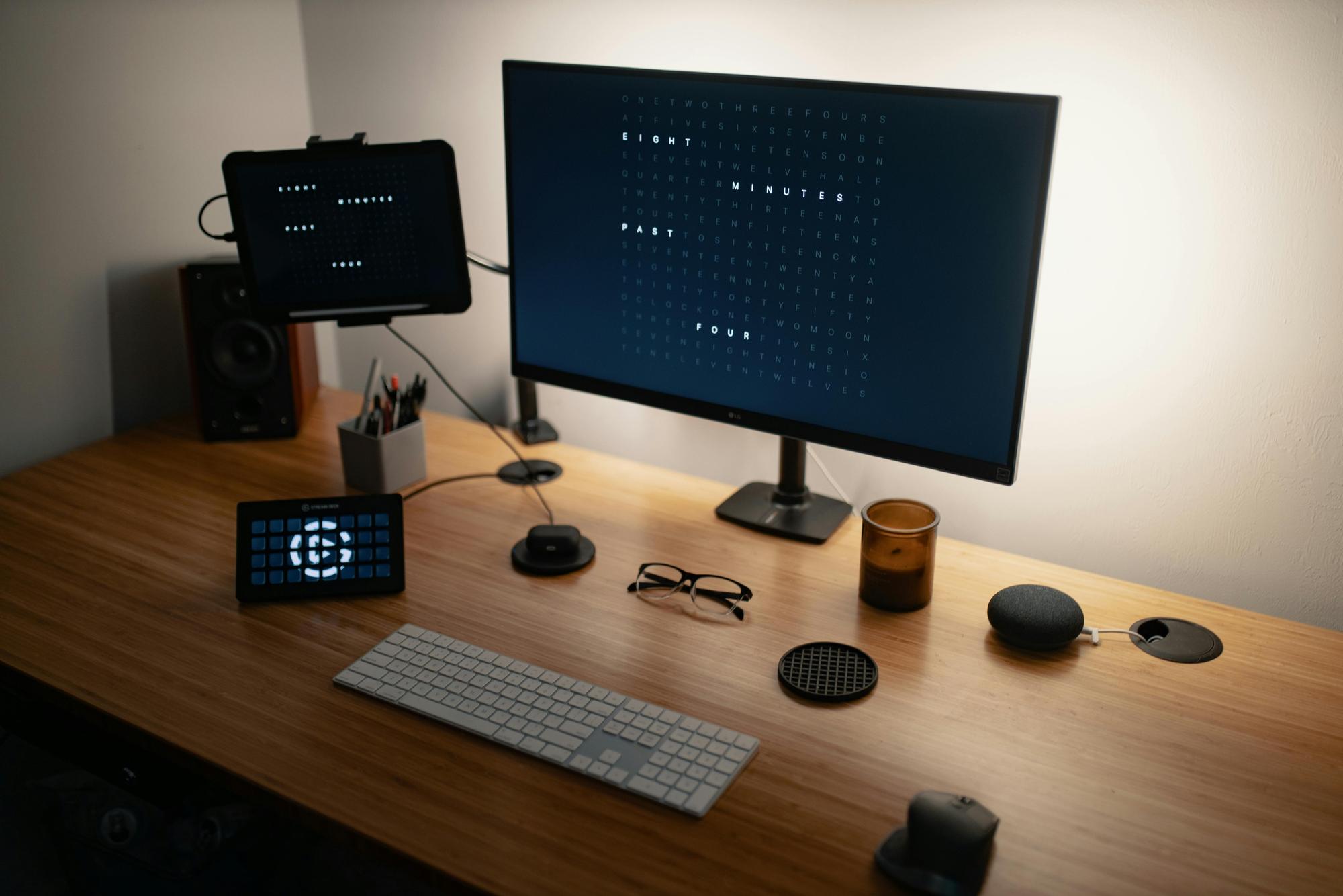 Žaidimo UI ant stalo su monitoriumi ir klaviatūra